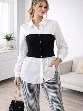 Women's Black Bustier Layered Over White Button-Down Shirt